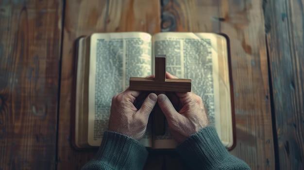 Foto christelijke vrouw met een houten kruis in de open heilige bijbel op de kerktafel