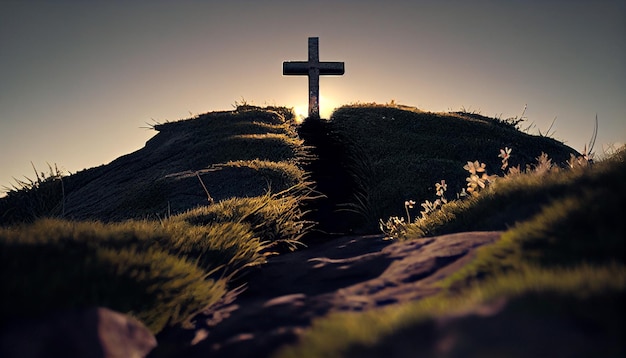 Христианский католический крест на холмах Generative AI