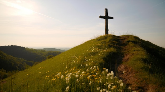 Christian catholic cross on the hills Generative AI