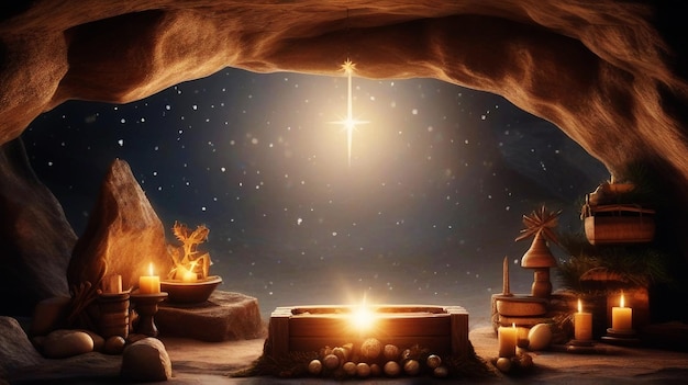 사진 동굴에 있는 비어 있는 나무 창고와 함께 크리스마스 장면 베들레의 별 예수의 탄생 크리스