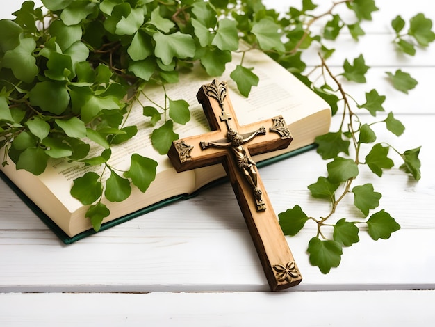 Христианский крест на Библии вокруг листьев Ai Generated