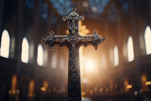 Christian cross in church on clean background and bokeh