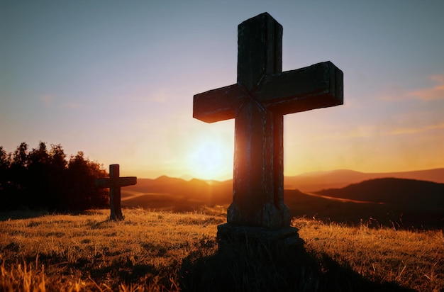 Christian cross in countryside at sunset Christian cross in nature at sunrise Generative AI