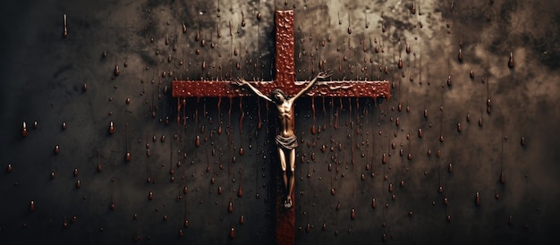 a Christian cross created using rusty nails with drops of blood on a grey background It is a