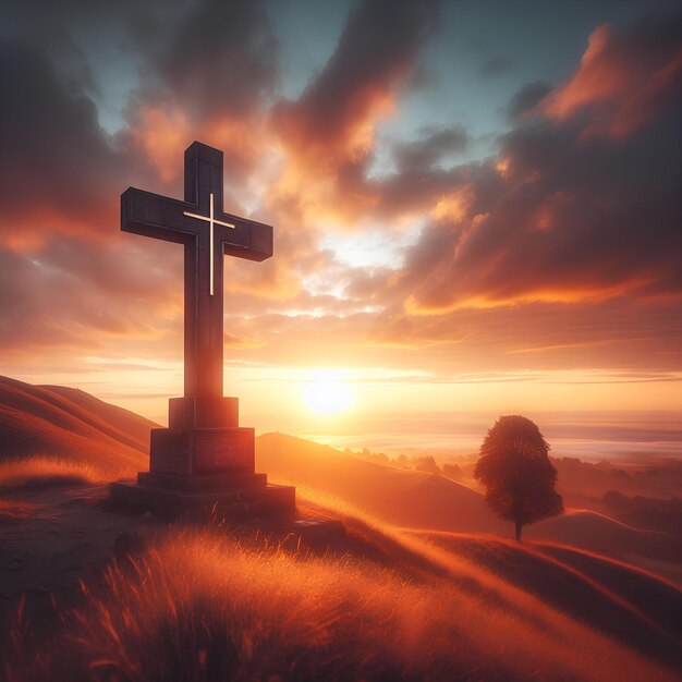 Christian cross on hill outdoors at sunrise