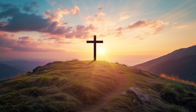 Christian cross on a hill at sunset