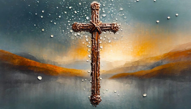 Christian cross made with rusty nails drops of blood on grey background Copy space Good Friend
