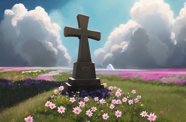 Christian Cross in the middle of flower field Good Friday Palm Sunday Concept Ai Generated