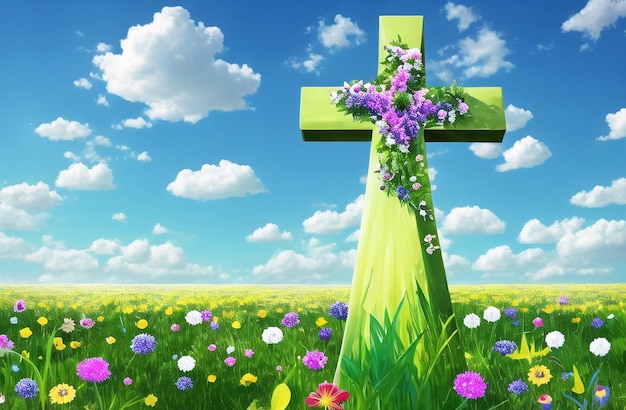 Christian Cross in the middle of flower field Good Friday Palm Sunday Concept Ai Generated