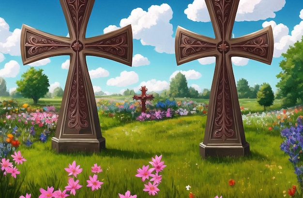 Christian Cross in the middle of flower field Good Friday Palm Sunday Concept Ai Generated