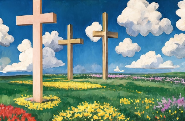 Christian Cross in the middle of flower field Good Friday Palm Sunday Concept Ai Generated