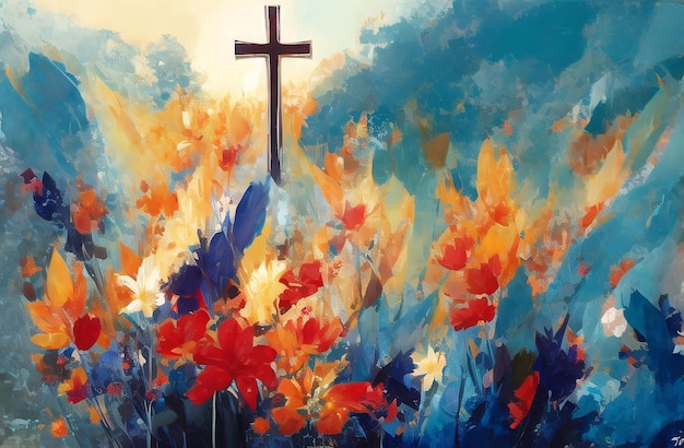 Christian Cross in the middle of flower field Good Friday Palm Sunday Concept Ai Generated