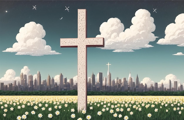 Христианский крест посреди цветочного поля Страстная пятница Вербное воскресенье Концепция Ai Generated