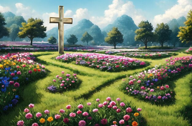 Christian Cross in the middle of flower field Good Friday Palm Sunday Concept Ai Generated