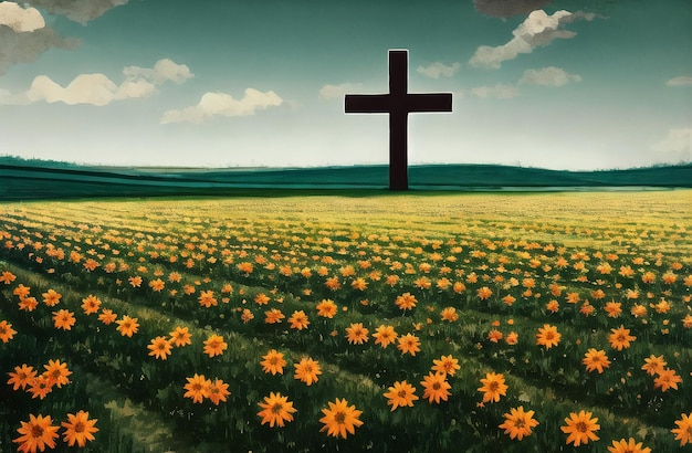 Christian Cross in the middle of flower field Good Friday Palm Sunday Concept Ai Generated