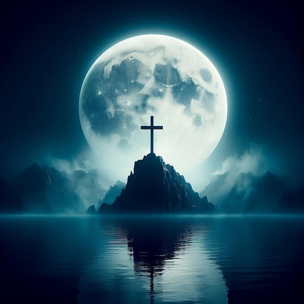 A Christian cross under the moon