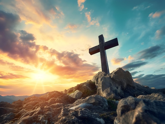 Christian cross on mountaintop at sunset