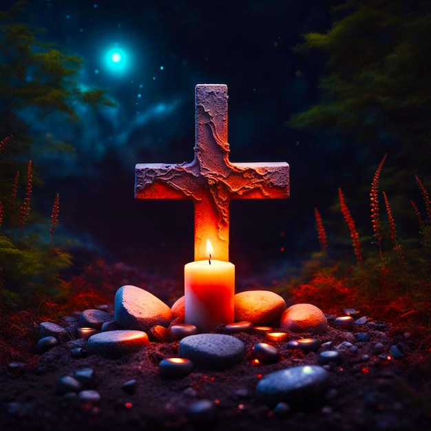 自然の中のキリスト教の十字架 暗い表面に石と燃えるろうそくの小さな墓 現実的