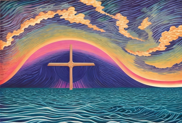 Христианский крест Неоновый футуристический абстрактный киберпанк Вербное воскресенье Страстная пятница Концепция Ai создан