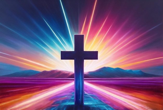 Christian Cross Neon Futuristic Abstract Cyberpunk Palm Sunday Good Friday Concept Ai generated