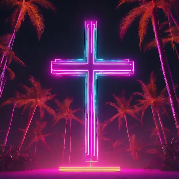 Christian cross neon futuristische abstracte cyberpunk palm zondag goede vrijdag concept ai gegenereerd
