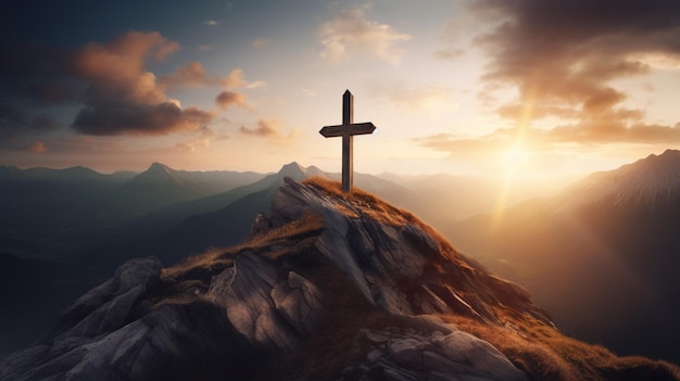 사진 일몰 때 장엄한 산봉우리에 있는 기독교 십자가