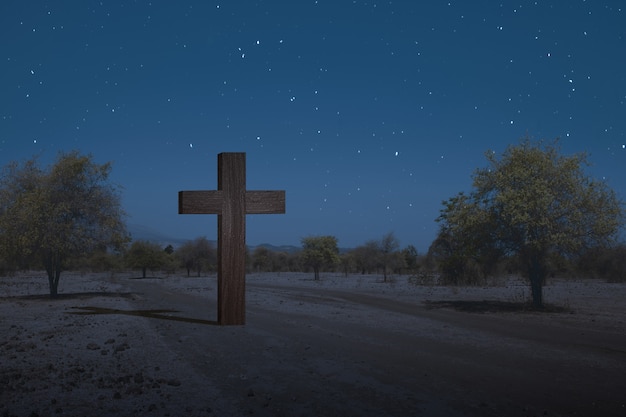 Christian Cross op het veld met de achtergrond van een nachtscène