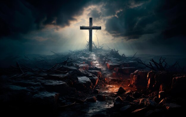 파괴된 땅 꼭대기에 있는 기독교 십자가 - 종말과 심판의 날에 대한 개념