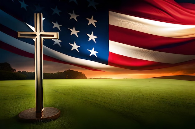 Christian cross with the American flag in the background on a green ground