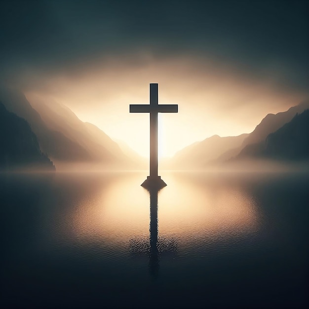 A Christian cross with the sunrise in the background