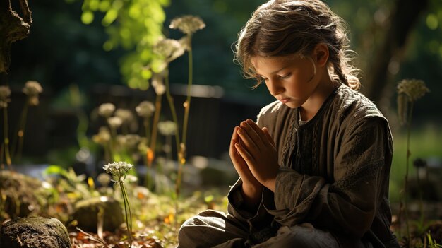 christian cute boy is praying over the sunlight show his faith