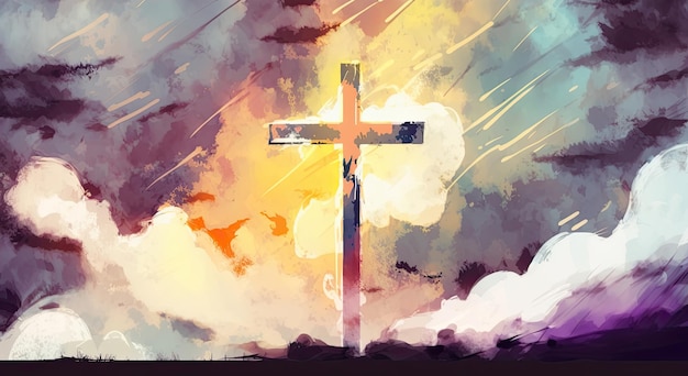 기독교 부활절 석양의 화려한 하늘에 대한 개념적 종교적 상징 Generative AI