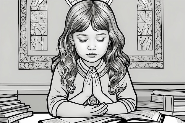 Photo christian girl praying coloring page for kids