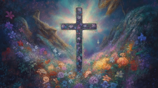 Christian Jesus Cross Abstract Cosmic Garden Oil Painting Spiritual