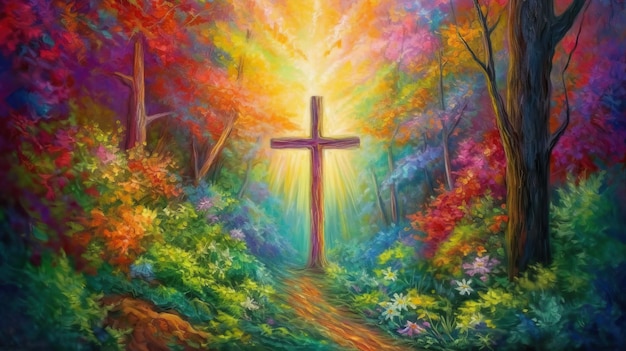 Христианский Иисус Крест Красочный Абстрактный Волшебный Лес Картина Маслом Мечтательный