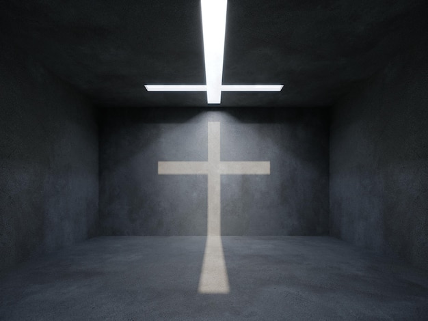 Christian light cross in the dark room 3d rendering