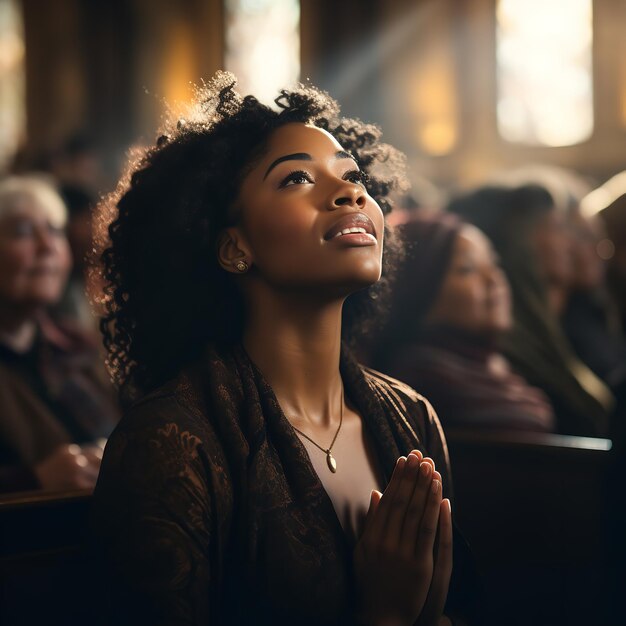 Photo christian prayer and worship for god at a church with a black lady generative ai