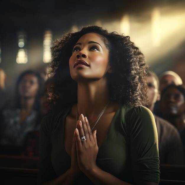 キリスト教の祈りと神への崇拝 教会で黒人女性と ゲネレーティブ・アイ