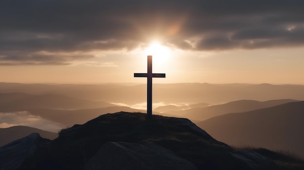 Christian religious cross on mountain symbol of faith night clouds background lightning Header banner mockup with copy space AI generated