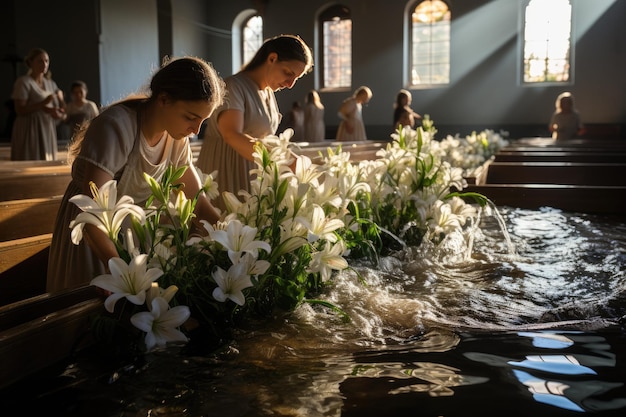 Christian surrender water emotion and white robes at the baptism ceremony generative IA