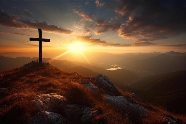 丘の上に十字架のあるキリスト教のテーマの背景