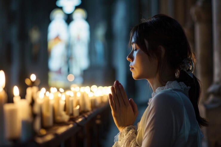 Photo クリスチャン女性がろうそくを祈り 大人の瞑想