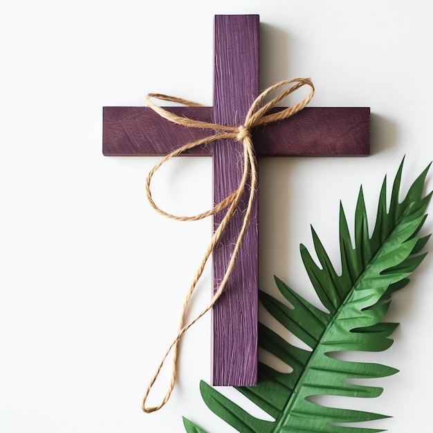 キリスト教の木製十字架の十字架のサインと緑色の棕葉の宗教的な休日 パーム・サンデーイベント