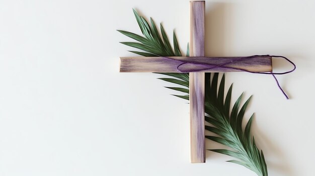 Photo a christian wooden cross crucifix sign with green palm leaves as religious holiday palm sunday event