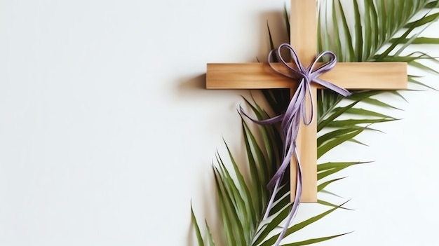 A christian wooden cross crucifix sign with green palm leaves as religious holiday Palm sunday event