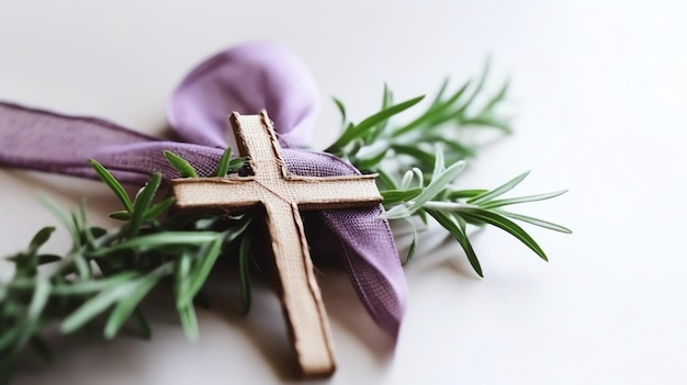 A christian wooden cross crucifix sign with green palm leaves as religious holiday Palm sunday event