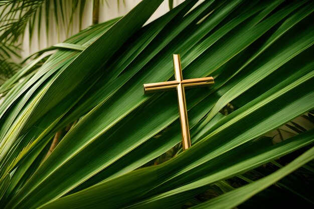 Photo christian wooden cross with palm tree leaves background