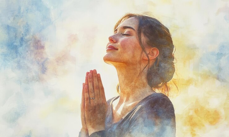 Photo christian worship and praise a young woman is praying and worshiping in the evening watercolor style copy space