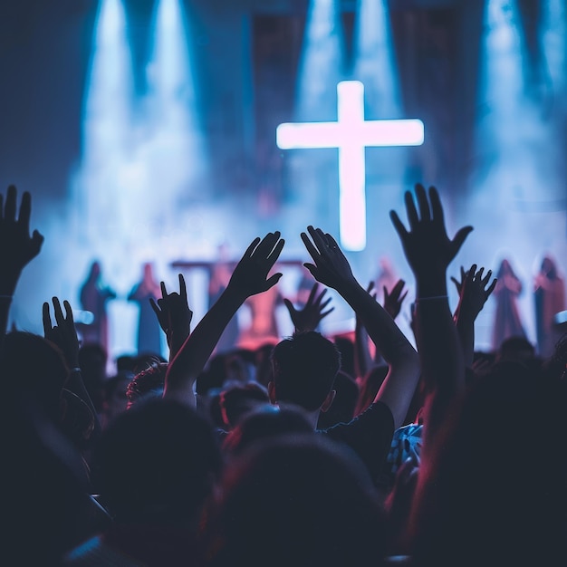 Christian Worshipers Raising Hands in Front of the Cross