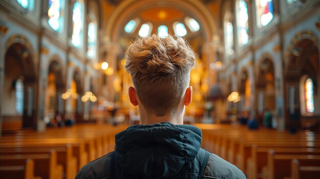 Foto un giovane cristiano in piedi in una chiesa